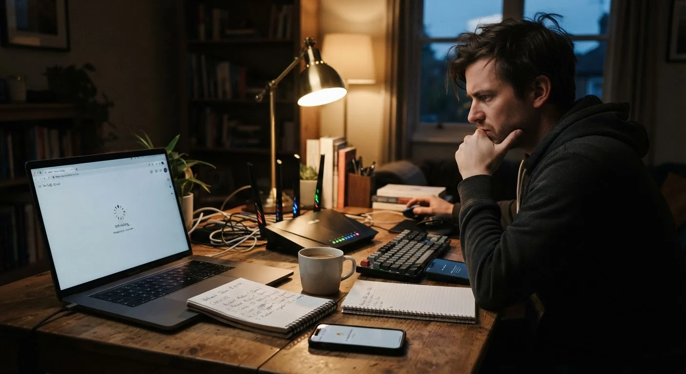 A router with blinking lights next to a laptop showing a slow internet loading screen on a desk.