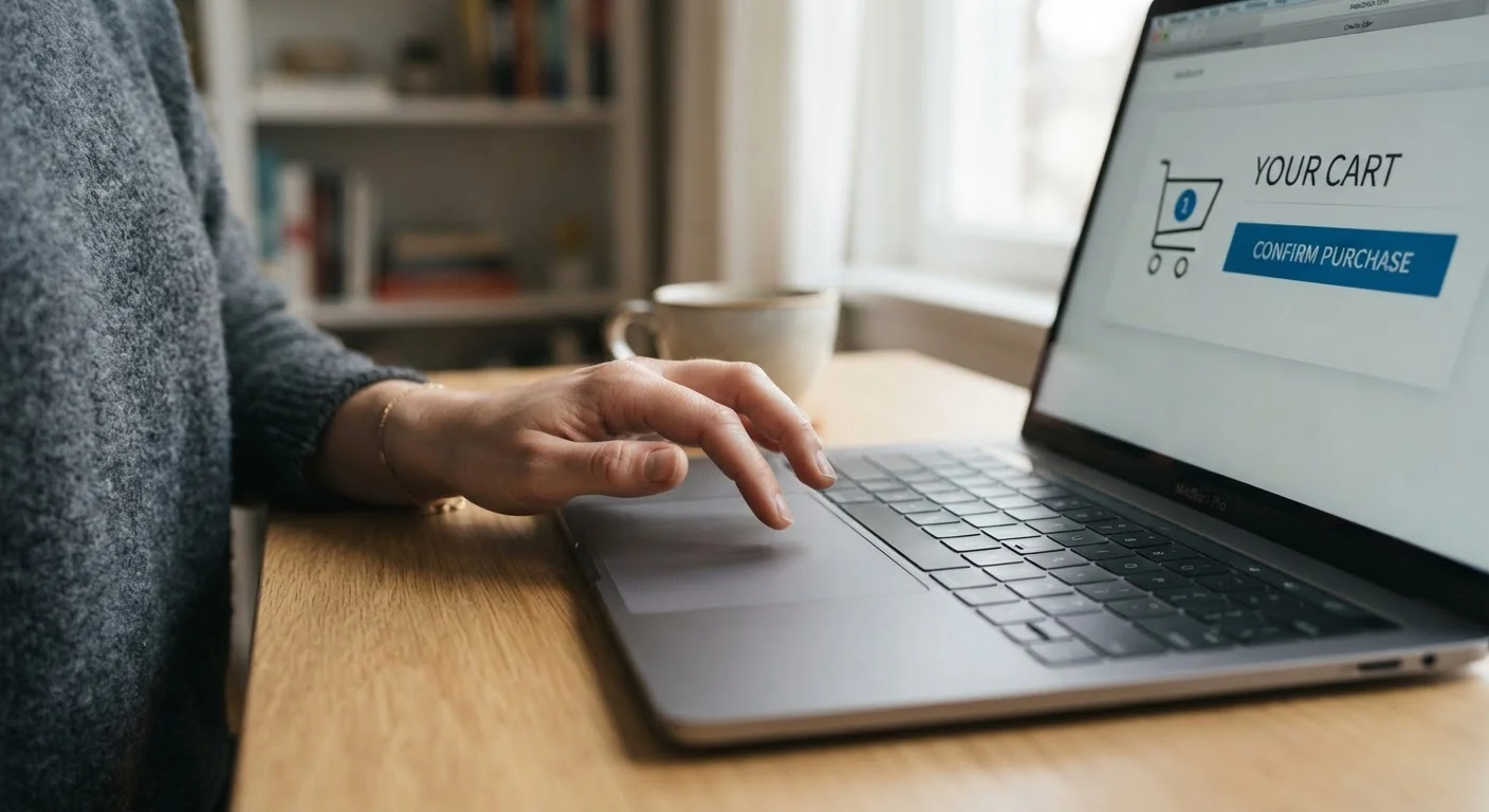 Person pausing before clicking the place order button on a laptop screen