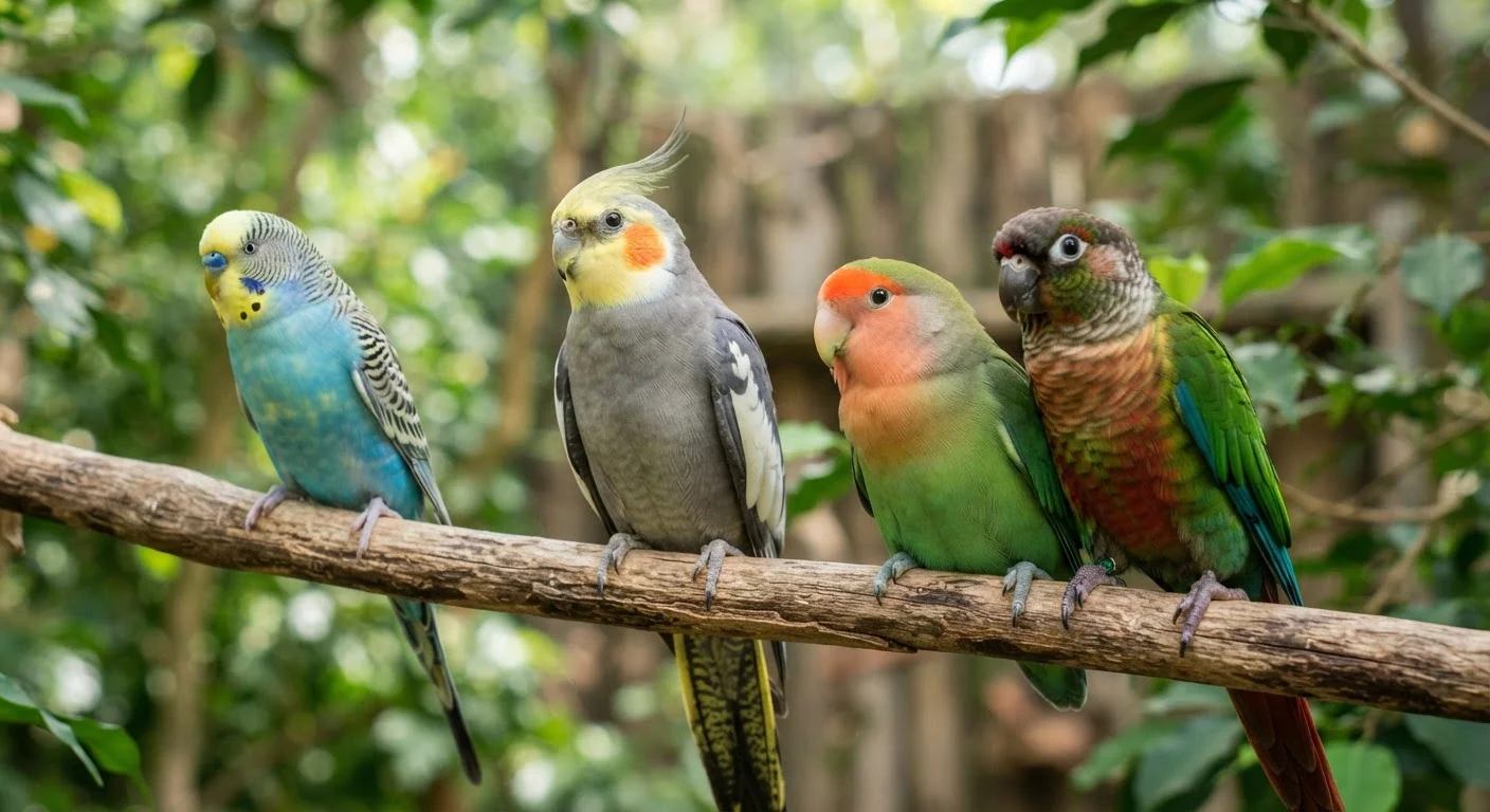 Several common pet bird species perched side by side on wooden branches in natural light