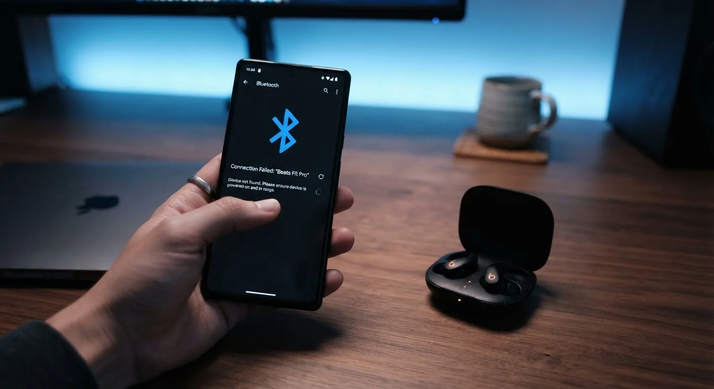 Smartphone displaying Bluetooth icon next to wireless earbuds on a desk