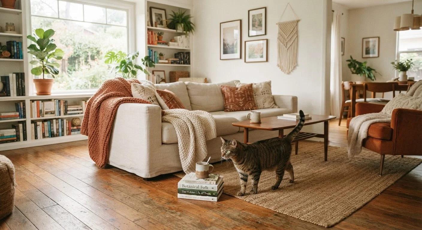 A tabby cat curiously exploring a bright, cozy living room on its first day home
