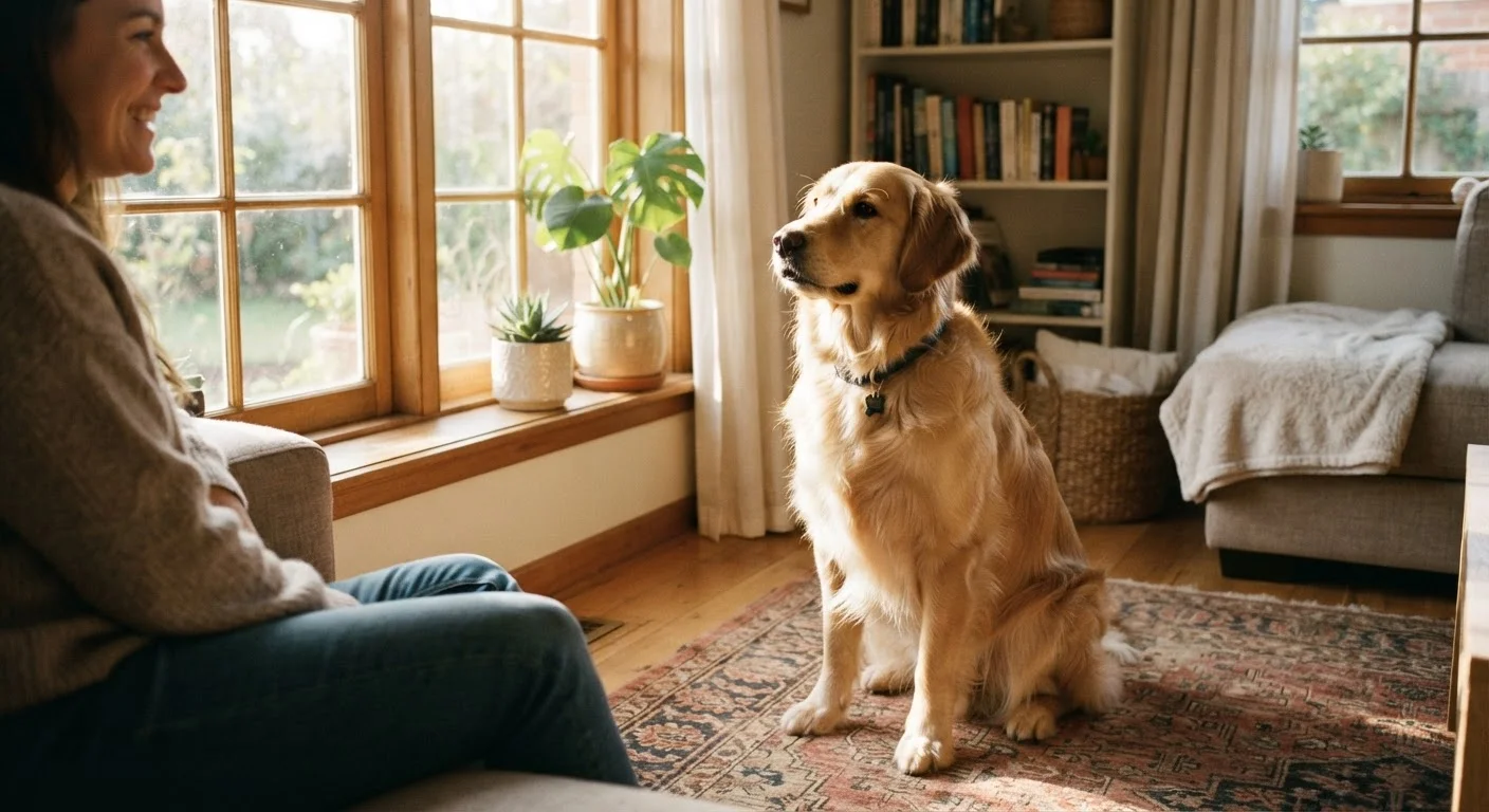 A golden retriever sitting calmly by a sunny window, looking up attentively at its owner.