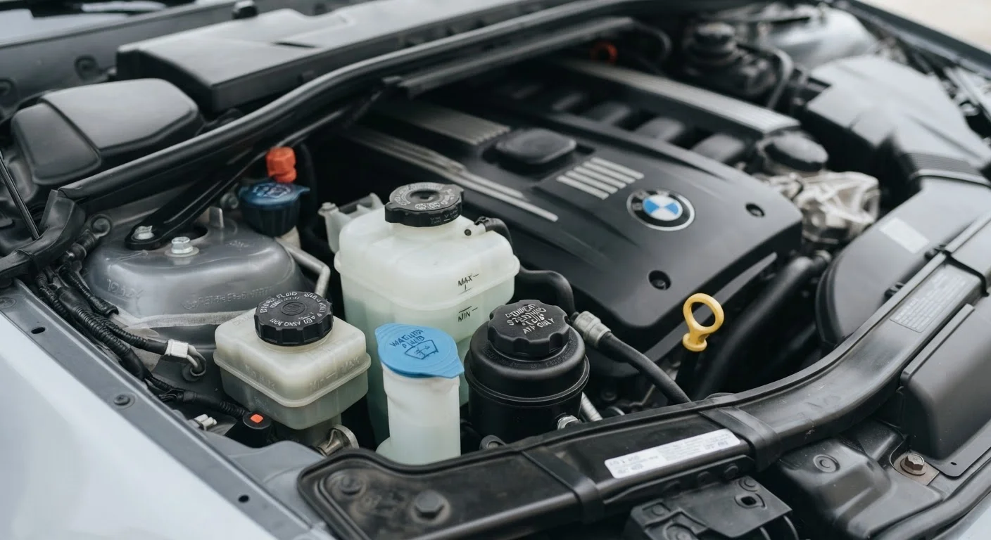 Car engine bay with clearly visible fluid reservoirs and caps for maintenance reference