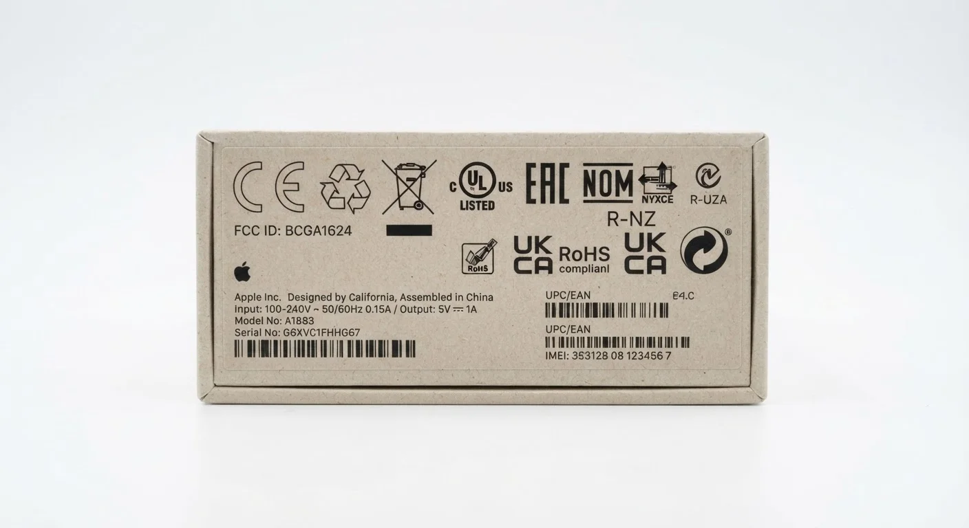 Assorted product certification labels including UL, CE, and ENERGY STAR marks on packaging
