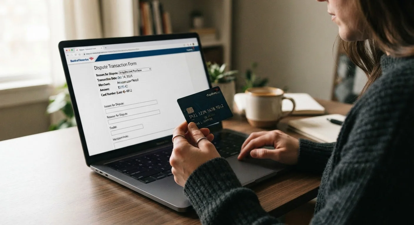 Person holding a credit card while viewing a purchase dispute form on a laptop