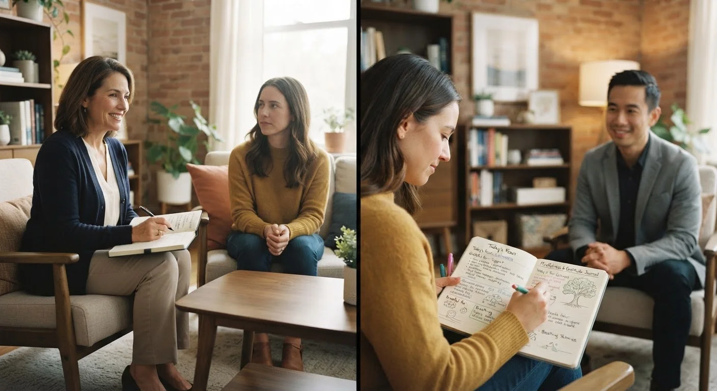 Two therapy session settings side by side illustrating different therapeutic approaches in a calm office