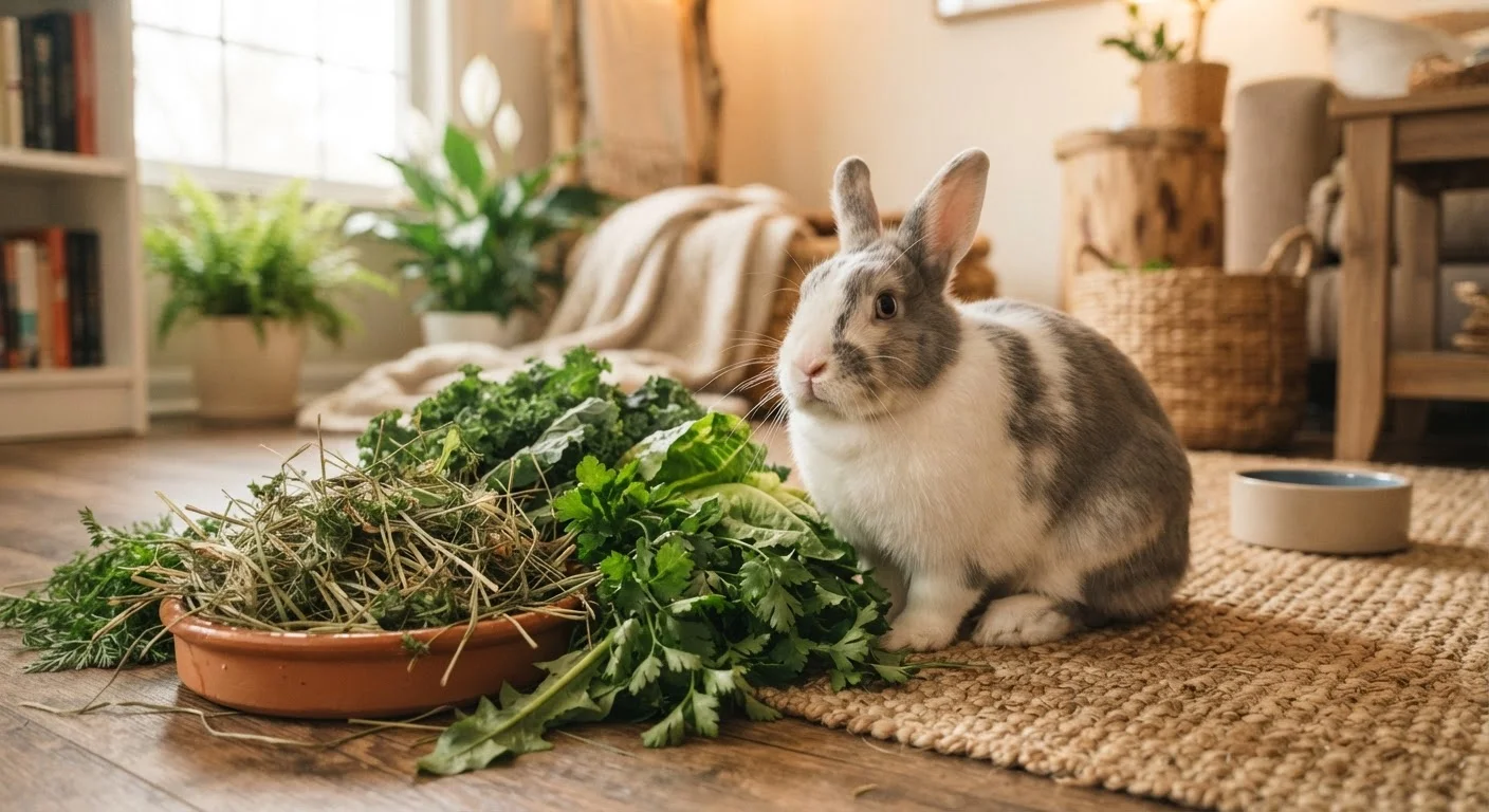 A pet rabbit sitting next to a bowl of fresh leafy greens and a pile of hay