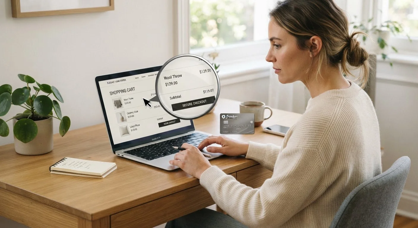 Person carefully reviewing an online shopping cart on a laptop before making a purchase
