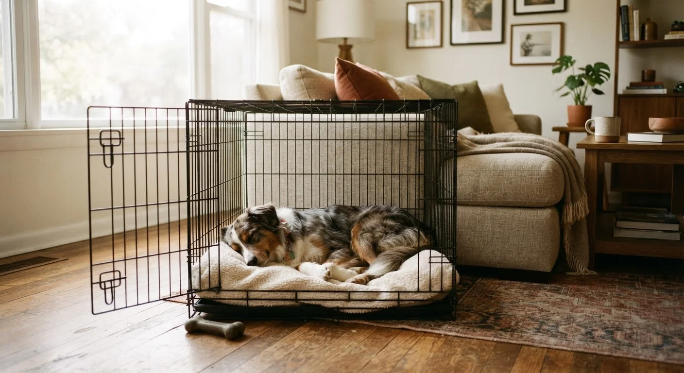 A relaxed dog resting inside an open wire crate in a bright, cozy living room