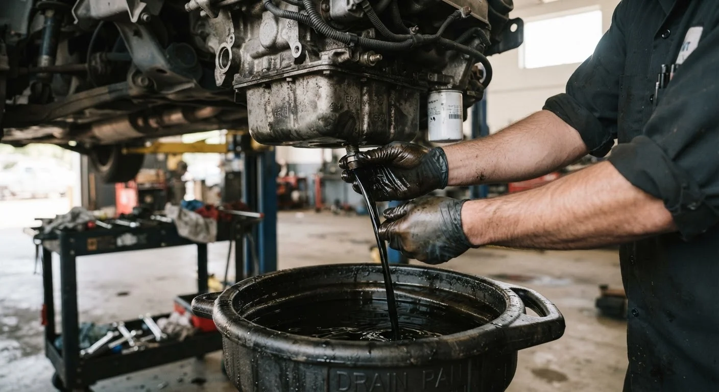 Gloved hands draining used motor oil from a car into a drain pan in a garage