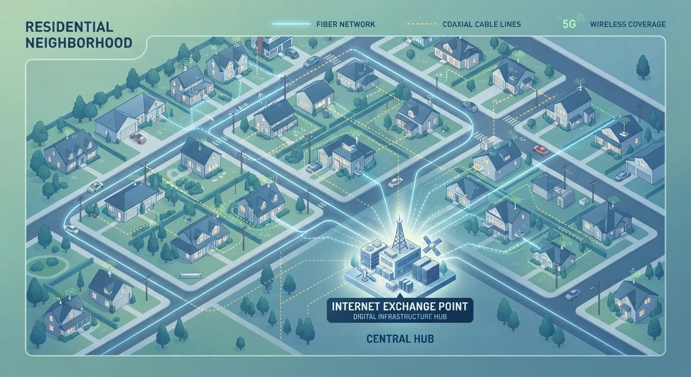 Illustrated neighborhood showing different home internet connection types connecting houses to a network hub