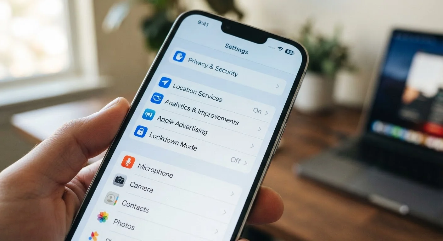 Smartphone screen displaying a settings menu with privacy and location tracking icons