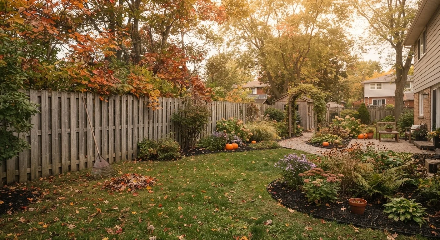 Autumn backyard with fallen leaves, rake, and mulched garden beds ready for winter preparation