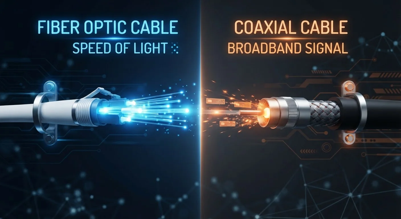 Fiber optic cable and coaxial cable side by side representing two types of internet connections