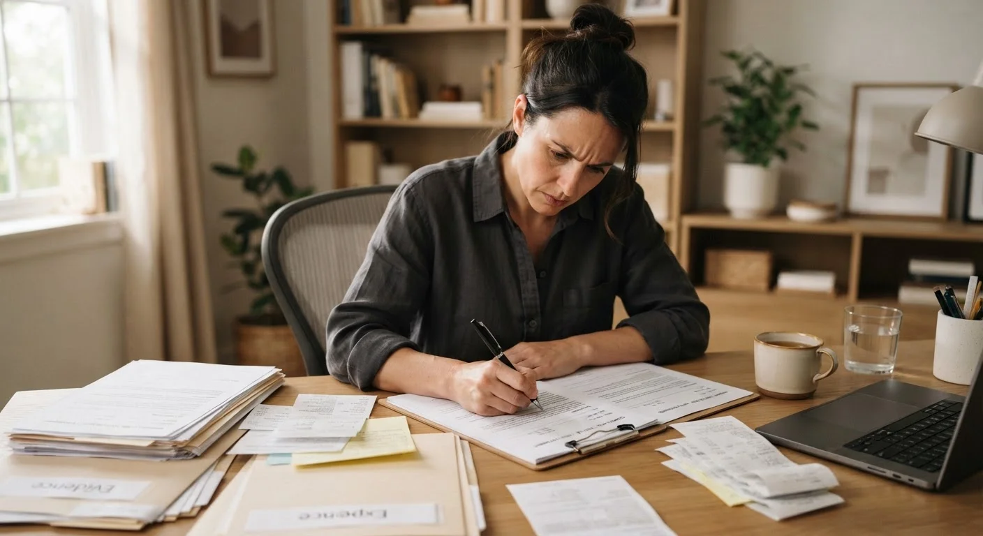 Person organizing documents and filing a formal consumer complaint at a desk.