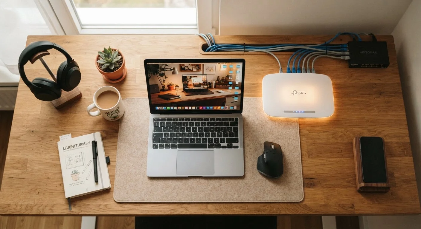 A home desk with a router, laptop, and ethernet cables in warm lighting