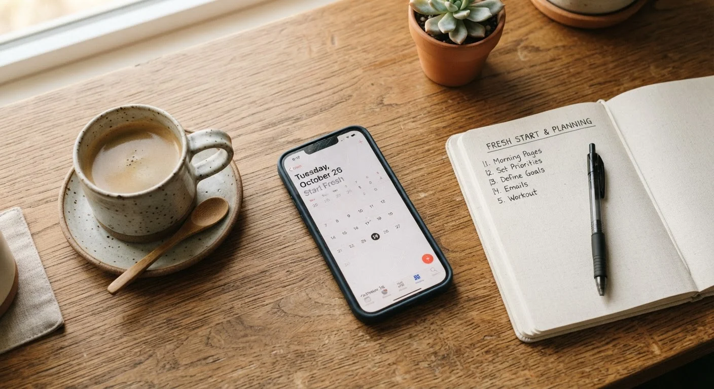 A used smartphone resting on a wooden desk next to a notepad, ready for setup.