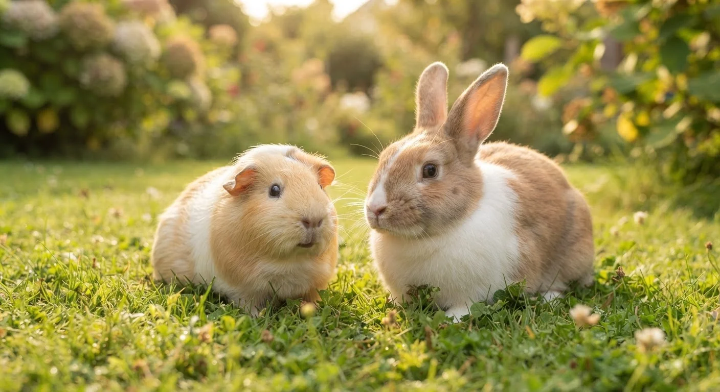 A guinea pig and a rabbit sitting together on grass in natural light