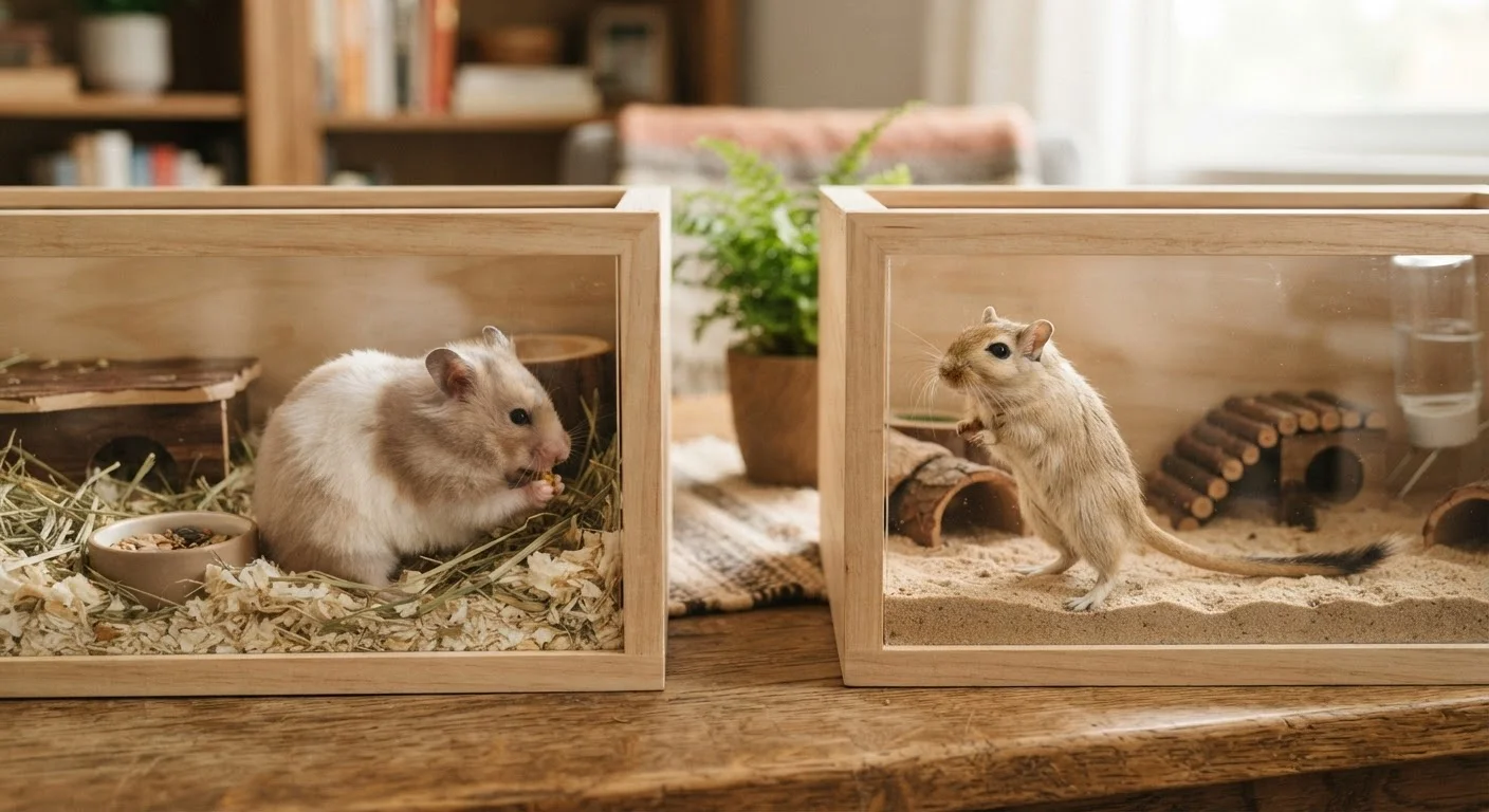 A hamster and a gerbil placed side by side, highlighting their physical differences in a home setting