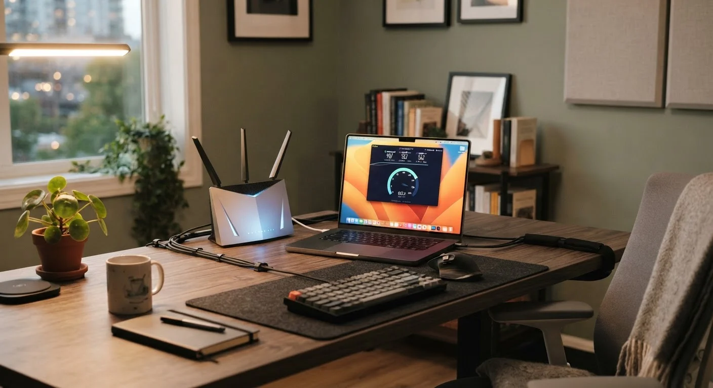 A home router and laptop on a desk showing an internet speed test result