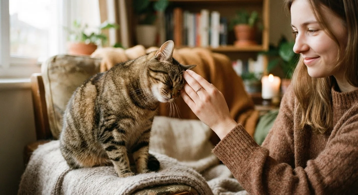 A tabby cat pressing its forehead affectionately against a person's outstretched hand indoors