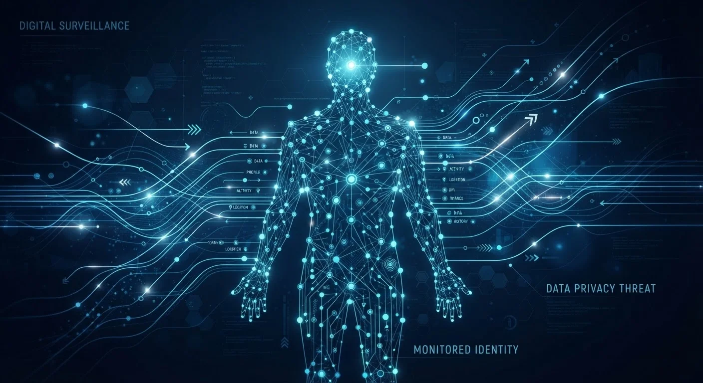Abstract illustration of digital data nodes forming a human silhouette on a dark blue background.