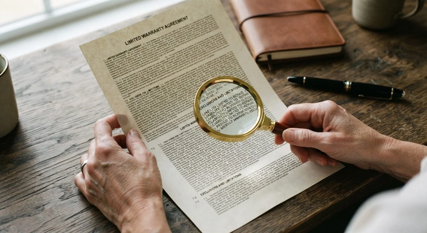 Hands holding a printed warranty document with a magnifying glass placed on top
