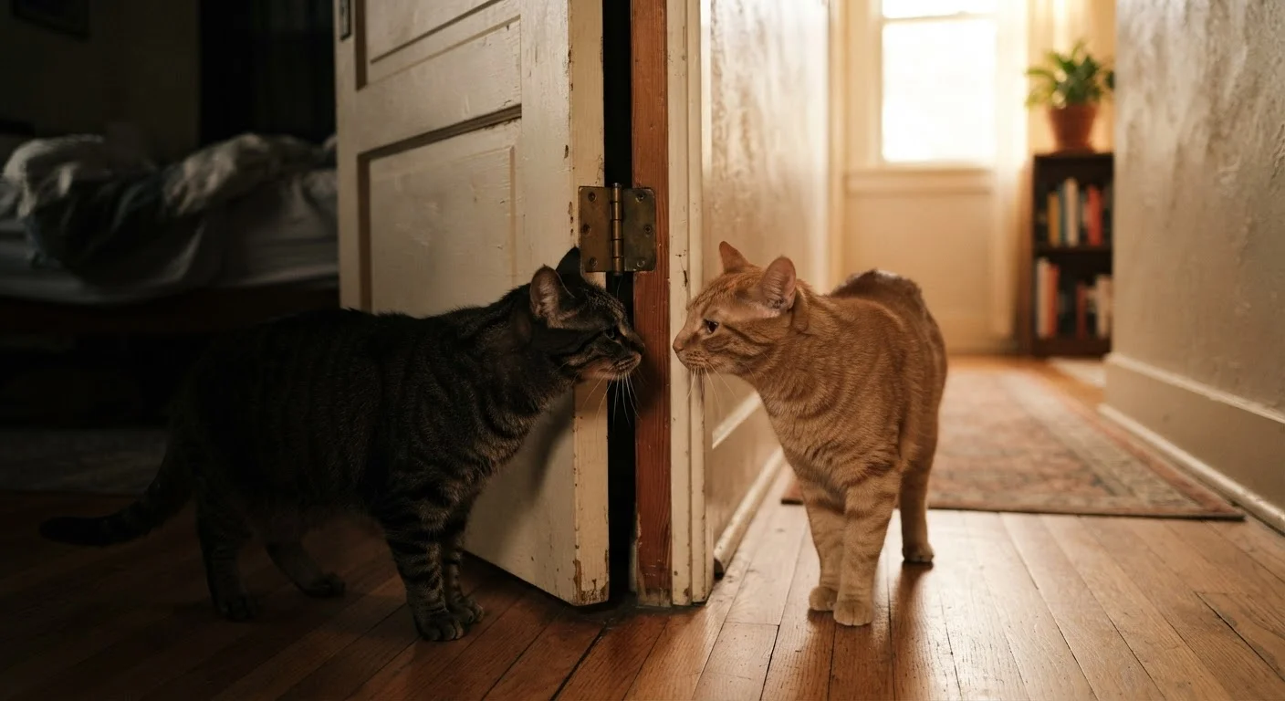 Two cats meeting cautiously through a cracked open door inside a home