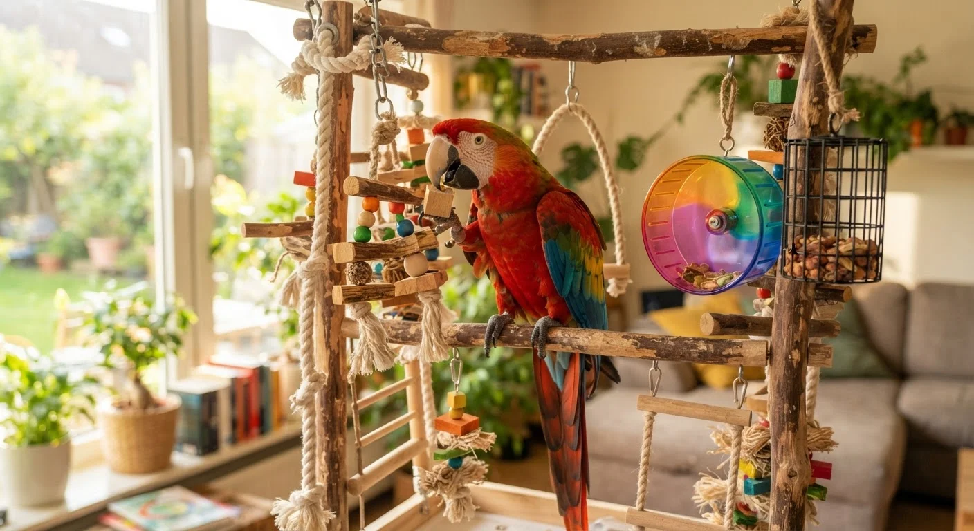 A vibrant parrot exploring a play stand loaded with enrichment toys and foraging tools