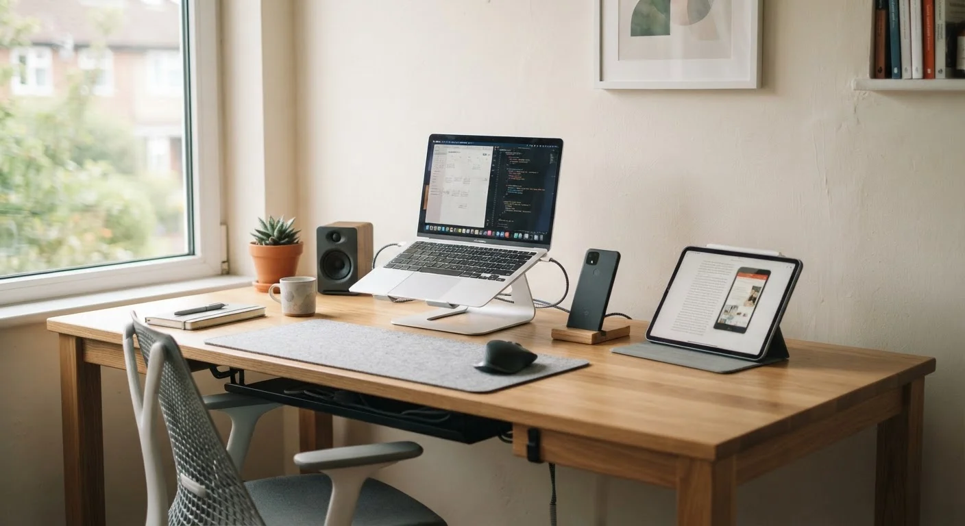 Laptop, smartphone, and tablet organized neatly on a clean home desk in natural light