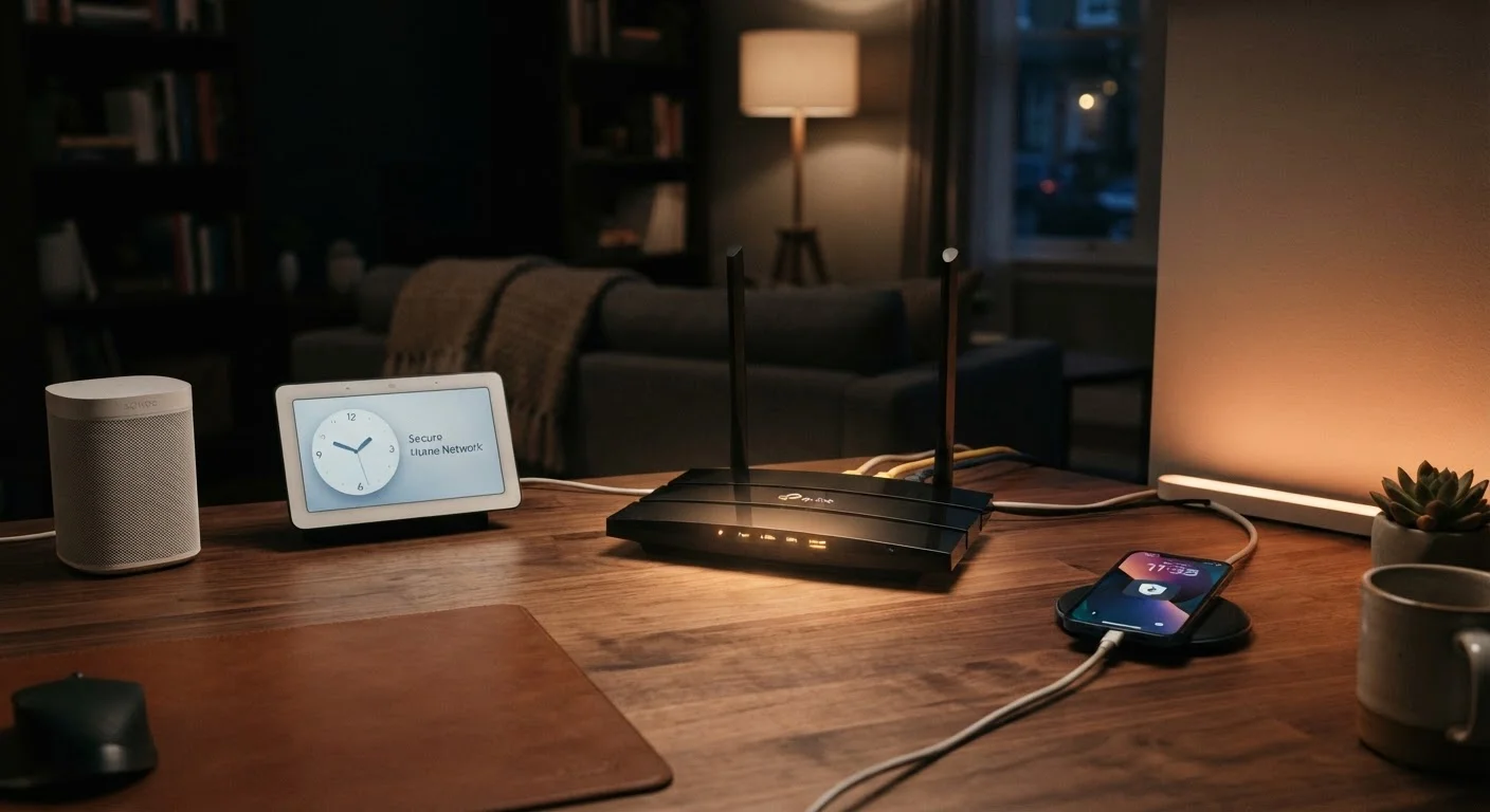 A home Wi-Fi router on a desk surrounded by connected smart home devices.