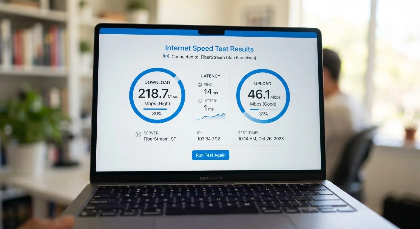 Laptop screen showing internet speed test results with Mbps, latency, and upload/download metrics