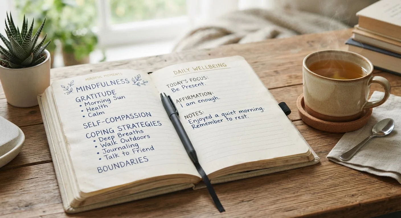 Open notebook with mental health terms written in neat handwriting on white pages.
