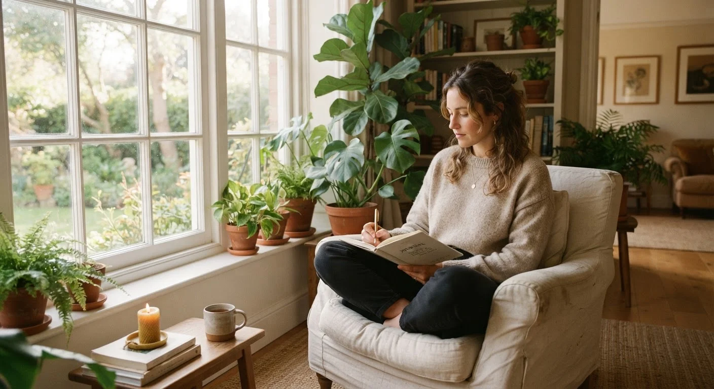 A person sitting by a sunlit window journaling in a calm, plant-filled room