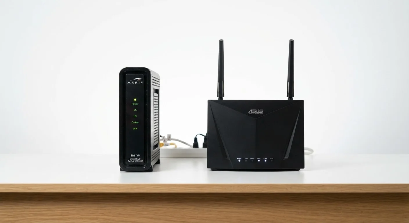 A cable modem and a wireless router placed side by side on a desk.