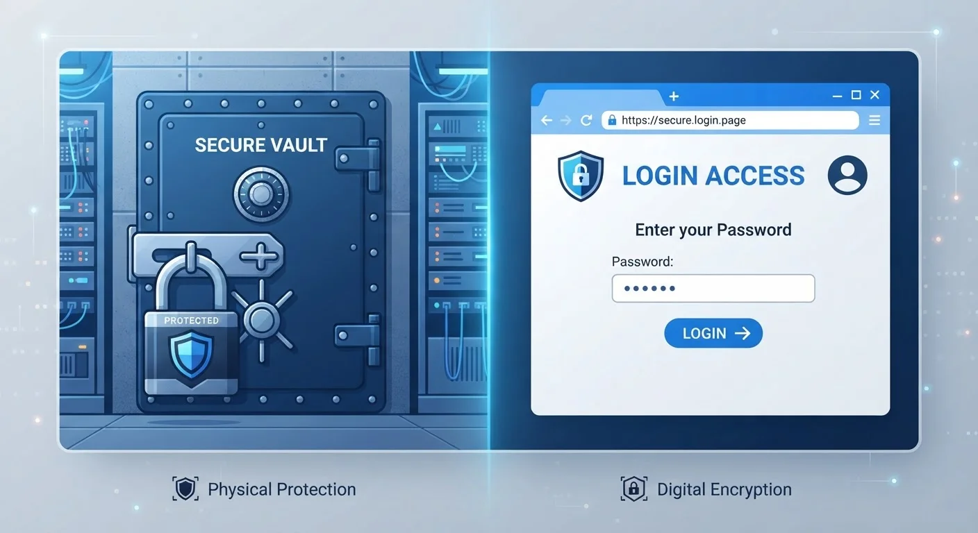 Split screen comparing a secure password vault and a browser password save dialog on screen