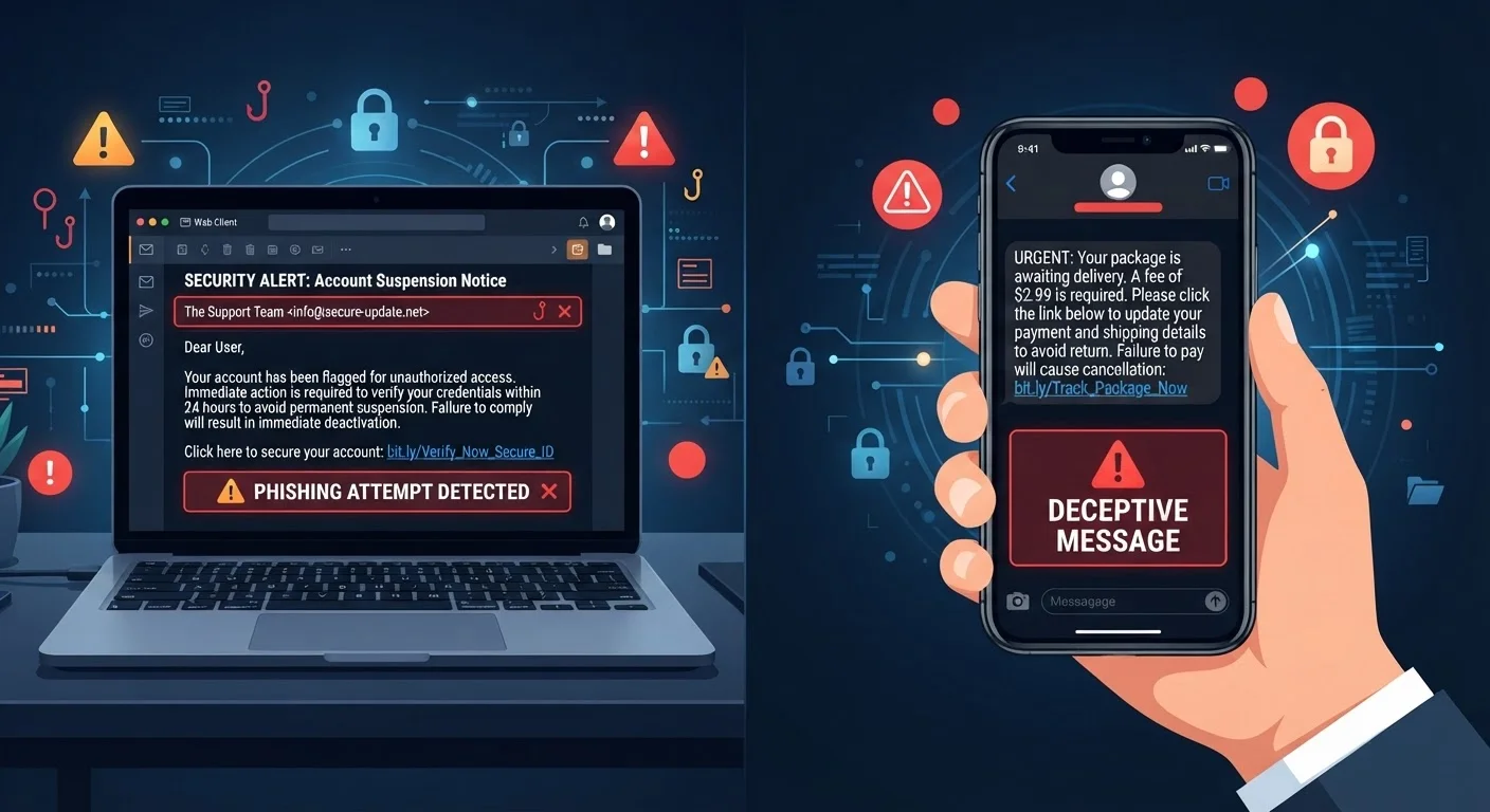 Split screen showing a phishing email on a laptop and a smishing text on a smartphone