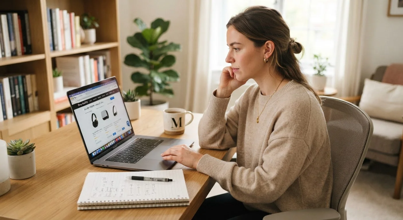 Person at a desk researching a product purchase on a laptop with a notebook nearby