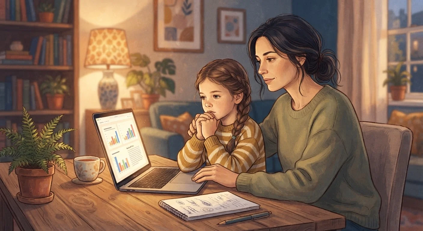 Parent and child sitting together at a laptop reviewing online safety settings at home
