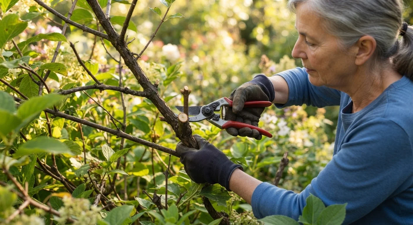Gardener using bypass pruners to make a clean cut on a woody shrub branch outdoors