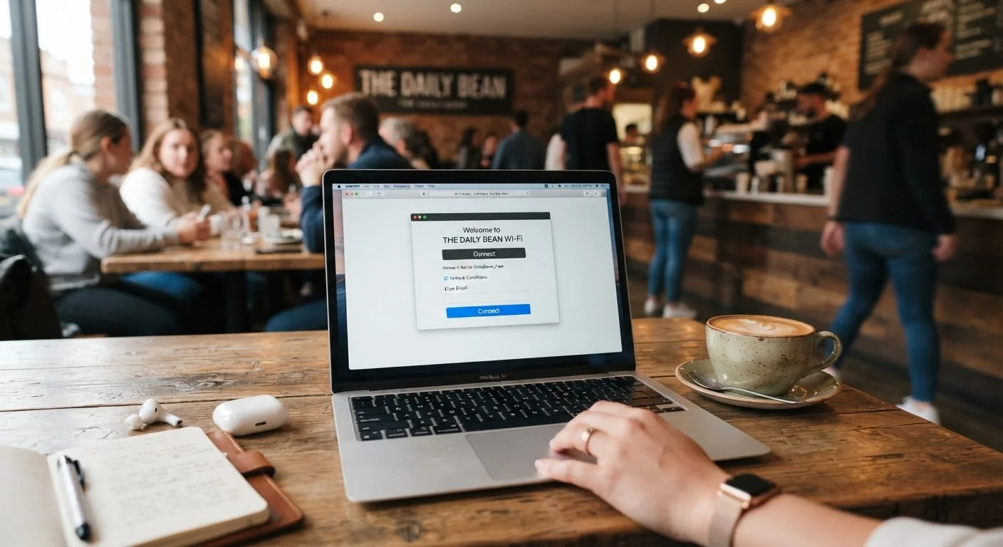 Laptop displaying a public Wi-Fi login screen on a café table with coffee cup