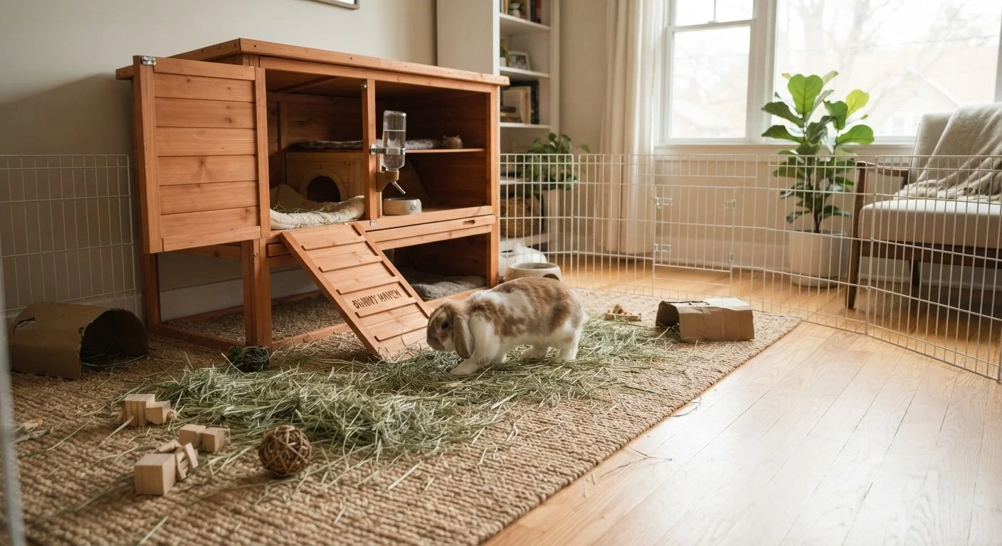 A domestic rabbit exploring a spacious, clean indoor enclosure with hay bedding and enrichment