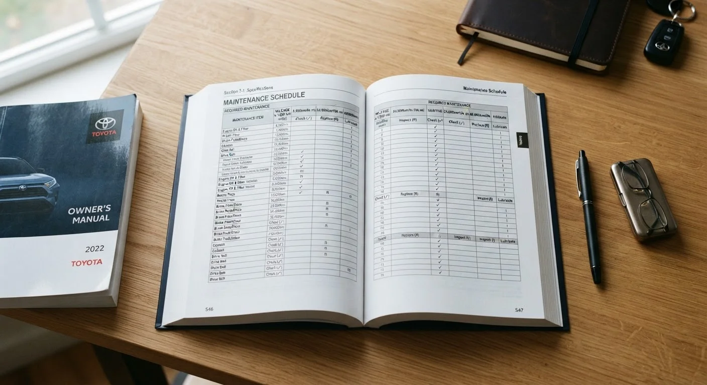 An open car owner's manual showing the maintenance schedule section on a wooden surface