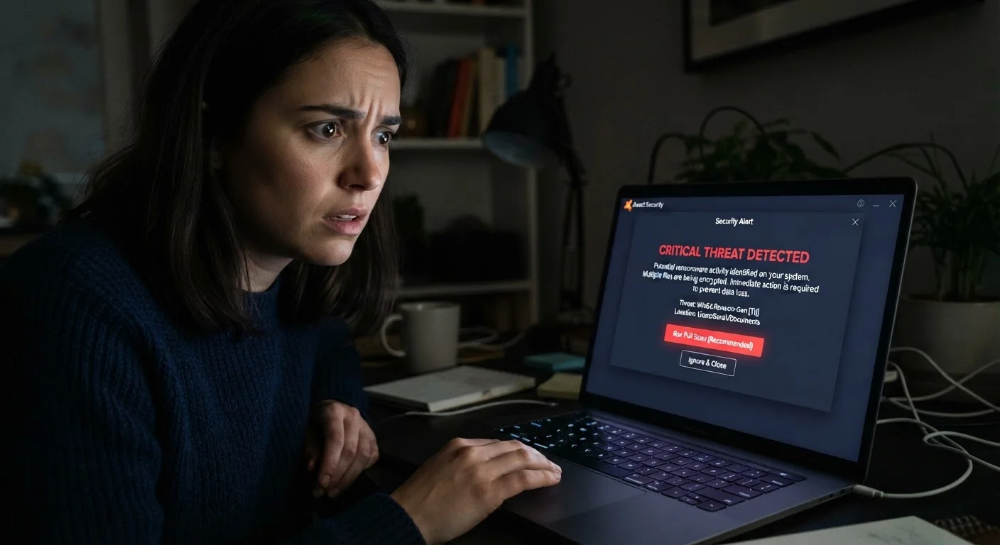 Person looking at a laptop screen showing a security alert or warning notification