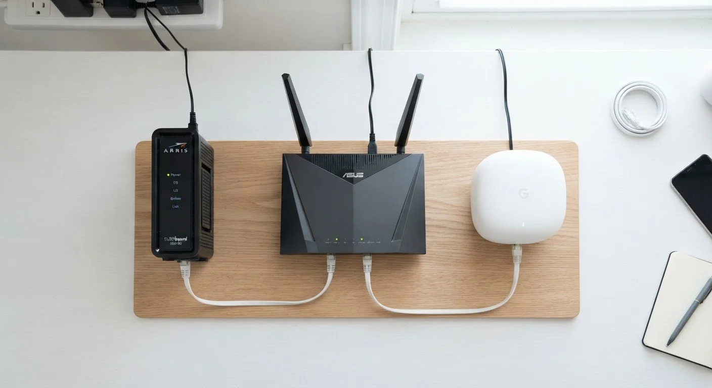 A modem, router, and gateway device arranged side by side on a desk with ethernet cables