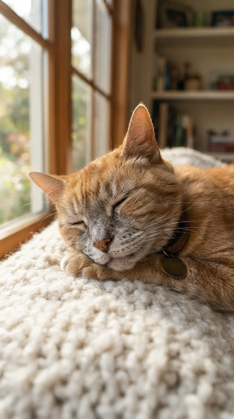 A senior cat with a graying muzzle resting peacefully on a soft blanket near a sunny window.
