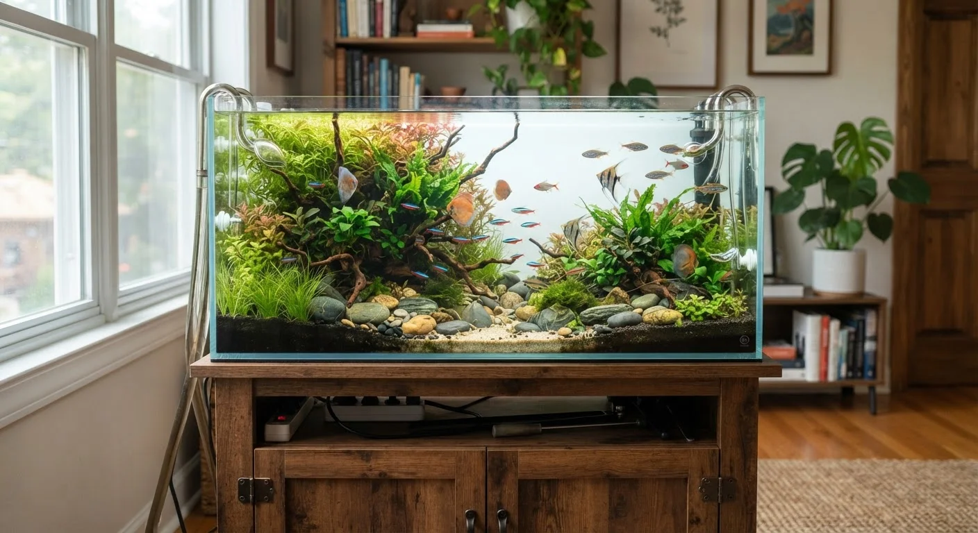 A beautifully planted freshwater aquarium with tropical fish, driftwood, and green aquatic plants