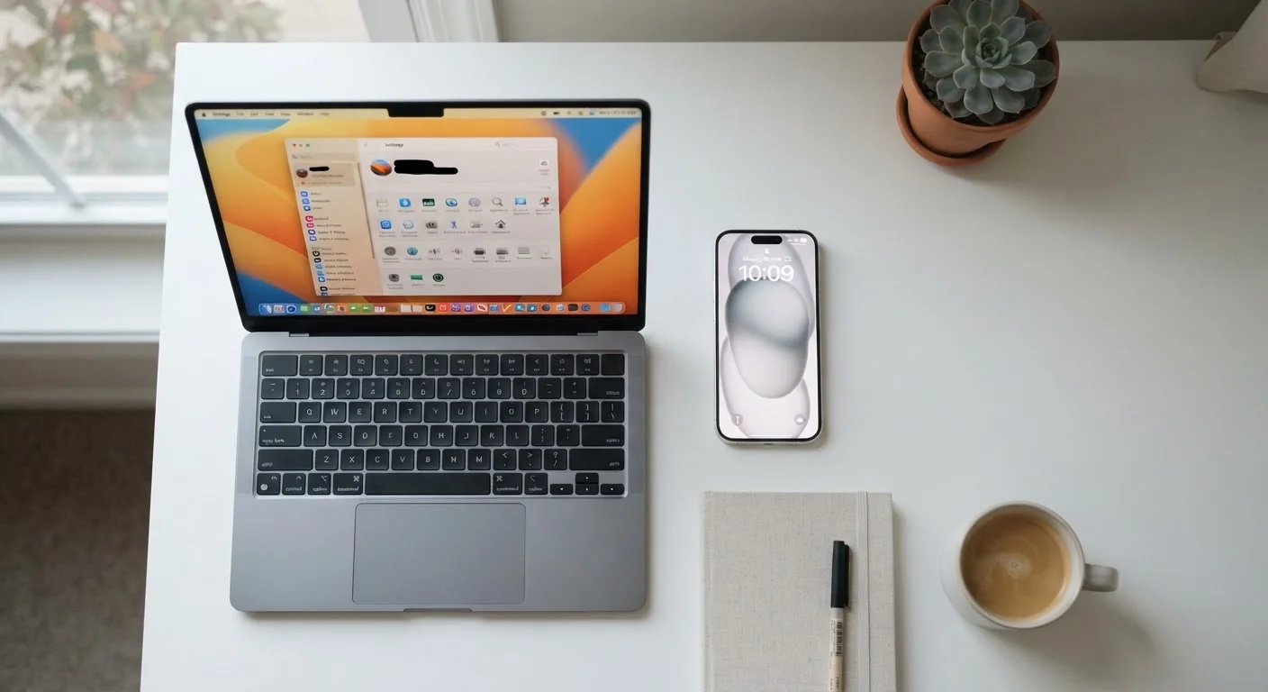 A new smartphone and laptop on a clean desk with security setup screens visible