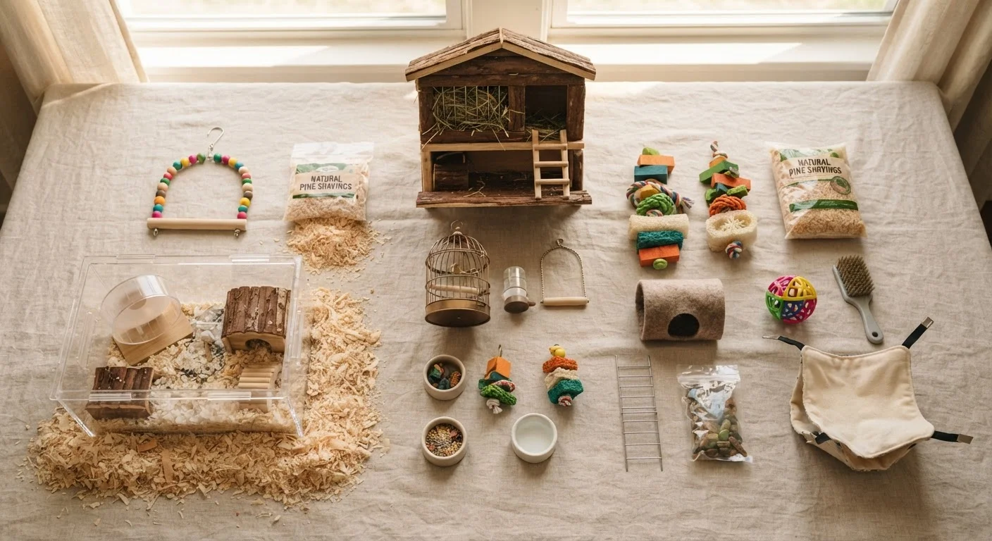 Collection of small pet habitats and accessories arranged neatly on a neutral background