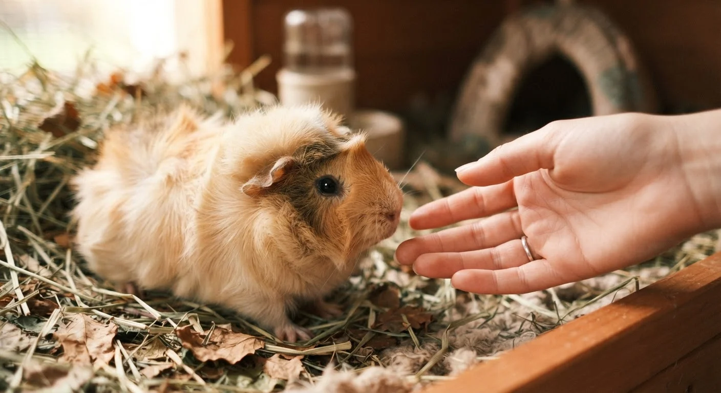 A gentle hand reaching toward a small guinea pig inside its habitat, building trust